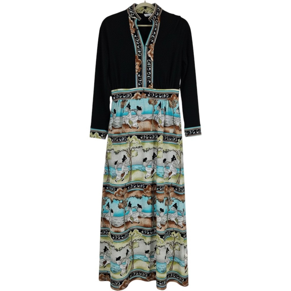 Vintage 70s Japanese Asian Printed Maxi Dress Black Blue Scenic Print Novelty 8